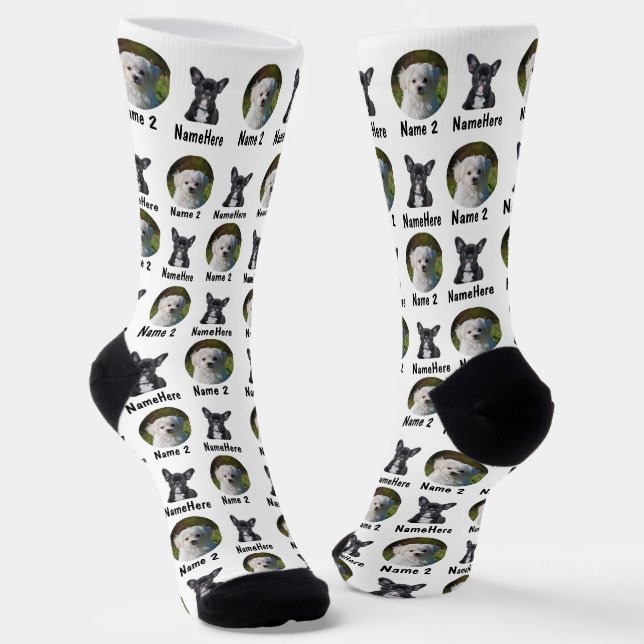 2 Dogs 2 Names Personalized Dog Photo Socks, White Socks (Angled)