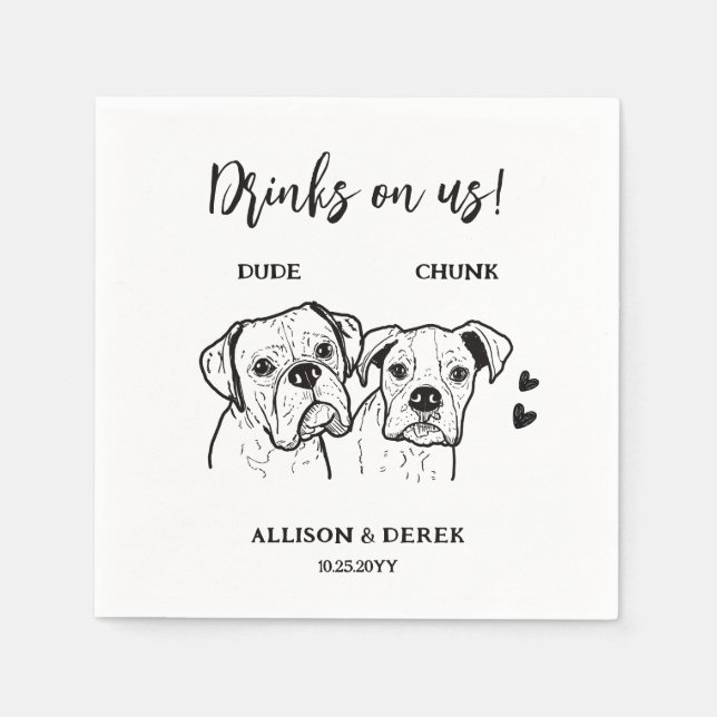 2 Dogs Doodle Drawing Drinks on us Wedding  Napkins (Front)
