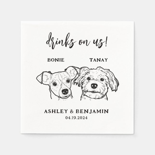  2 Dogs Faces Pet Drinks on Us Wedding  Napkins (Front)