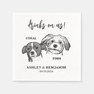 2 Dogs Faces Sketch Pet Drinks on Us Wedding Napkins