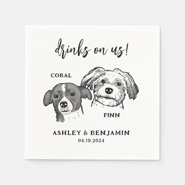 2 Dogs Faces Sketch Pet Drinks on Us Wedding  Napkins (Front)