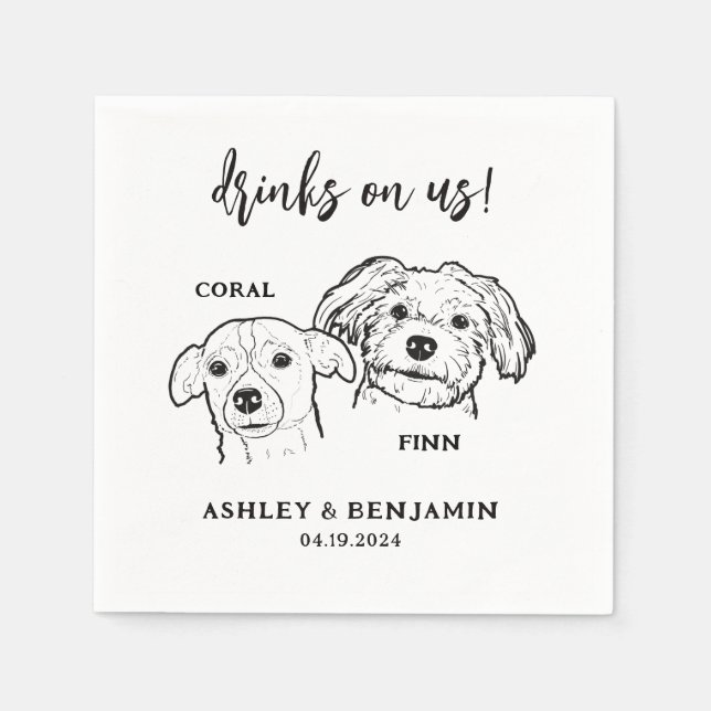 2 Dogs Faces Sketch Pet Drinks on Us Wedding  Napkins (Front)