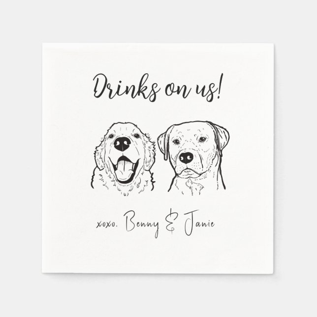 2 Dogs Golden Retriever Drinks on Us Dog Wedding Napkins (Front)