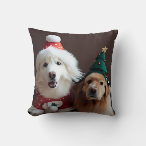 2 dogs in Christmas costumes Throw Pillow