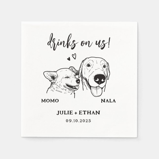  2 Dogs Pet Line Art Drinks on Us Wedding  Napkins (Front)