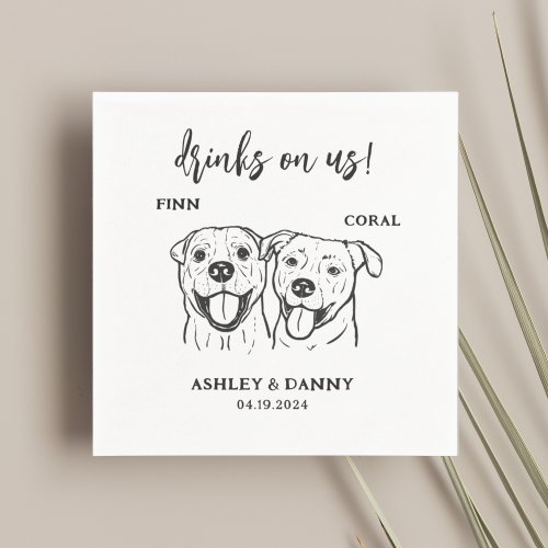  2 Dogs Pet Line Art Drinks on Us Wedding  Napkins