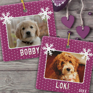 2 Dogs Pets Photos Snowflakes Purple Christmas Ceramic Ornament