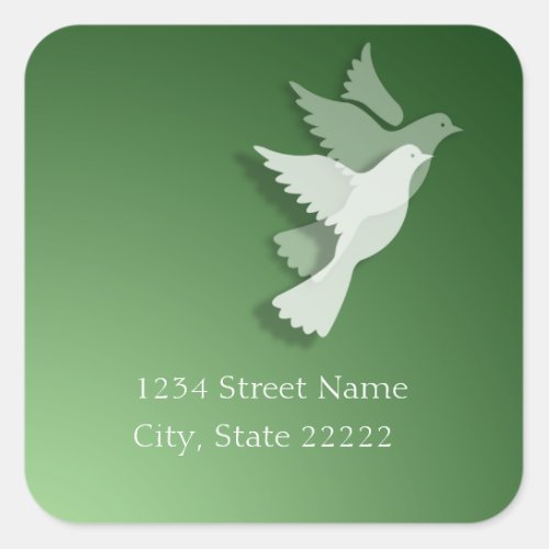 2 Doves of Peace Return Address Green Square Sticker
