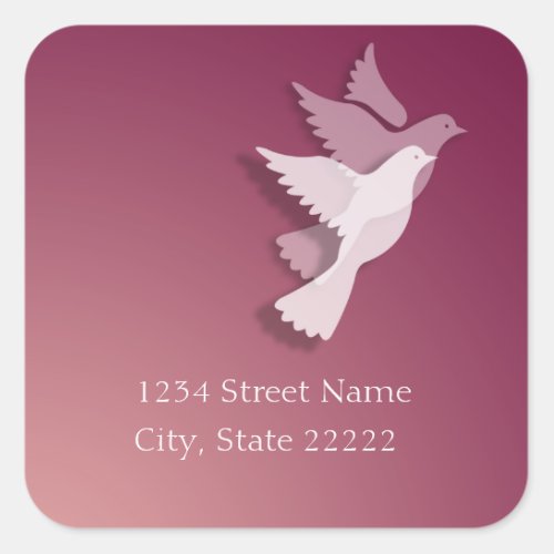 2 Doves of Peace Return Address Pink Square Sticker