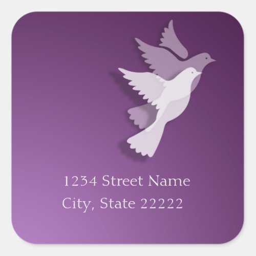 2 Doves of Peace Return Address Purple Square Sticker