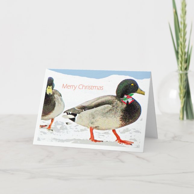 2 ducks w bells n holly copy-Christmas Humor Holiday Card (Front)