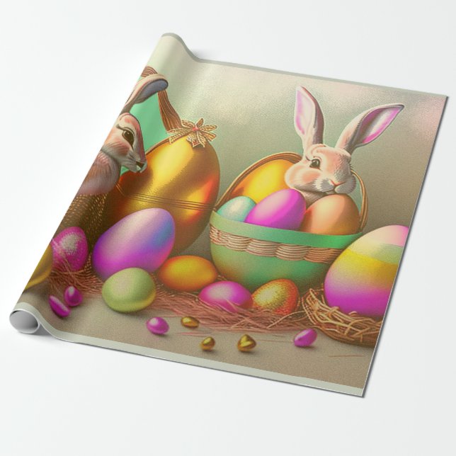 2 Easter Bunny And Golden Egg Collection Wrapping Paper (Unrolled)