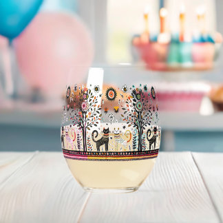 2 egypt cats with piramids stemless wine glass