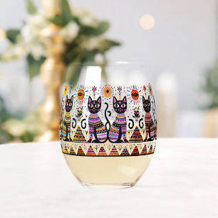 2 egypt cats with piramids stemless wine glass