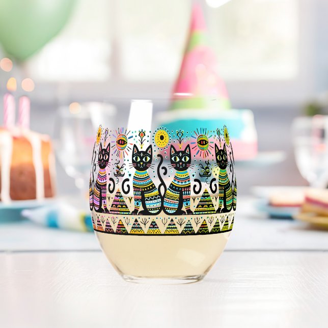 2 egypt cats with piramids stemless wine glass (Insitu (Birthday))