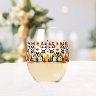 2 egypt cats with piramids stemless wine glass