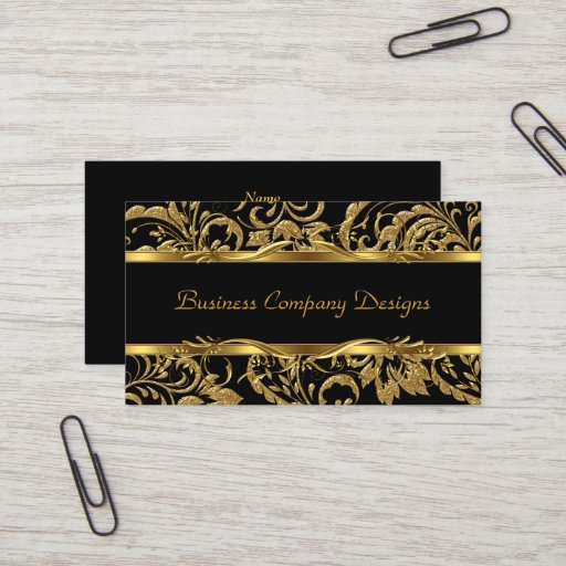 Customizable 2 Elegant Classy Gold Black Damask Embossed Look Business Cards