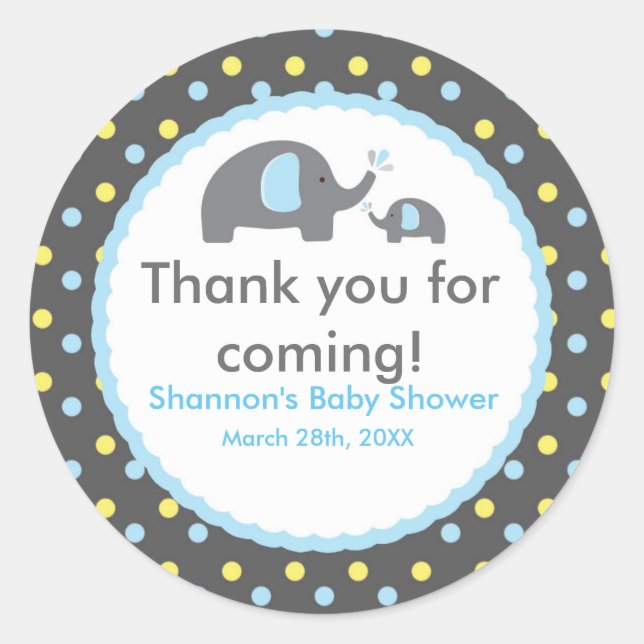 2 ELEPHANTS Blue Polka Dot Baby Shower Sticker (Front)
