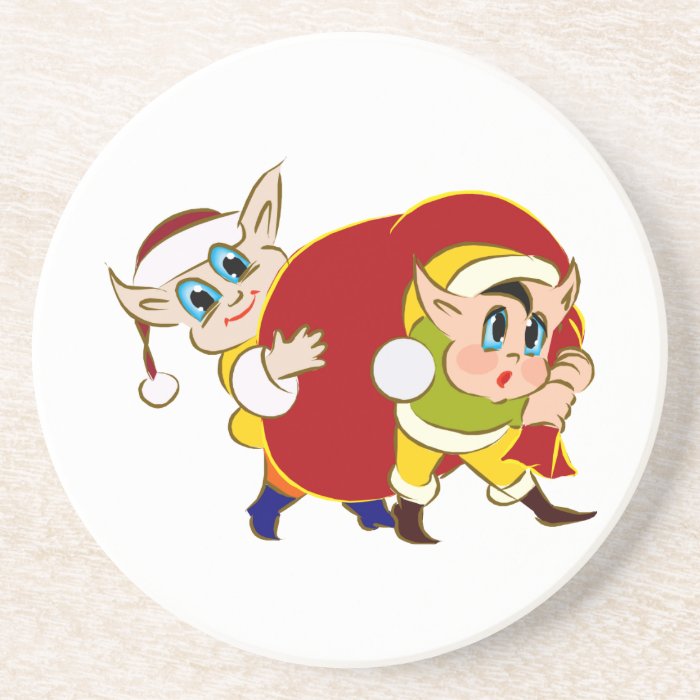 2 elves carrying santas bag drink coaster