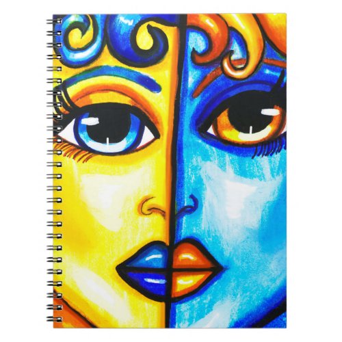 2 faced Woman Abstract yellow blue Modern Art Notebook