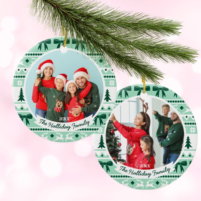2 Family Photo Christmas Sweater Mint Green Ceramic Ornament (2 Family Photo Christmas Sweater Mint Green Ceramic Ornament)