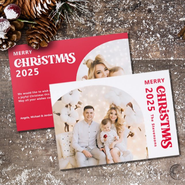 2 Family photos merry Christmas festive red Letterpress Photo Cards (Creator Uploaded)