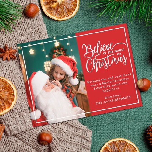 2 family photos red Believe in Christmas magic Holiday Postcard