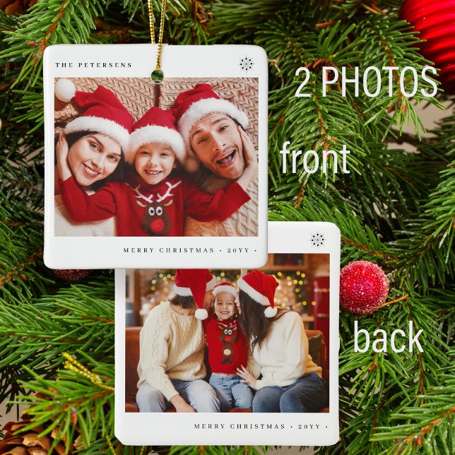2 family photos simple Christmas minimal fun  Ceramic Ornament (Creator Uploaded)