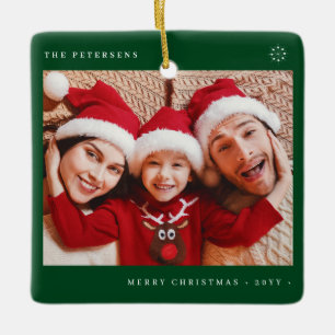 2 family photos simple Christmas minimal fun green Ceramic Ornament
