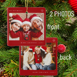 2 family photos simple Christmas minimal fun red Ceramic Ornament