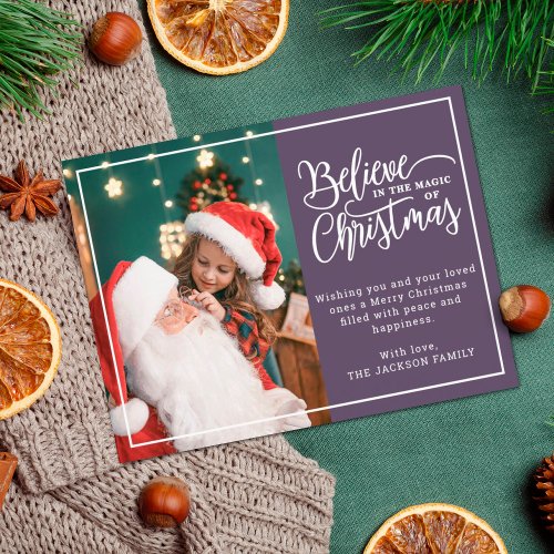 2 family photos violet Believe in Christmas magic Holiday Postcard