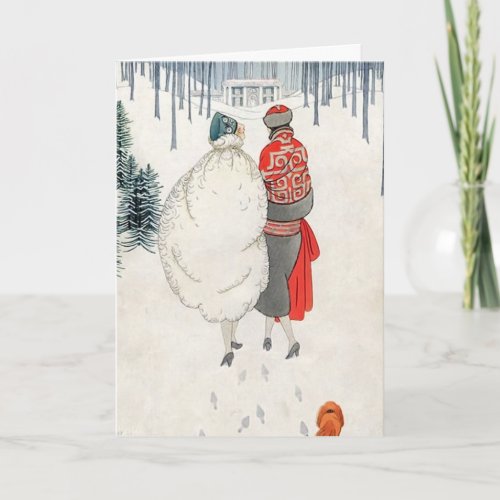 2 Fashionable Women Walking in Snow 1923 Holiday