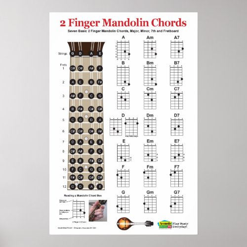 2 Finger Mandolin Chord Chart Practice Poster