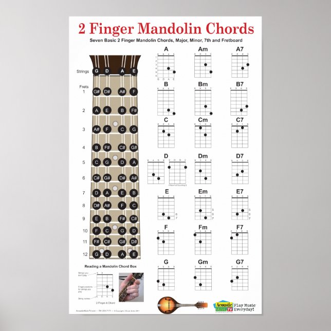 2 Finger Mandolin Chords and Fretboard Poster (Front)