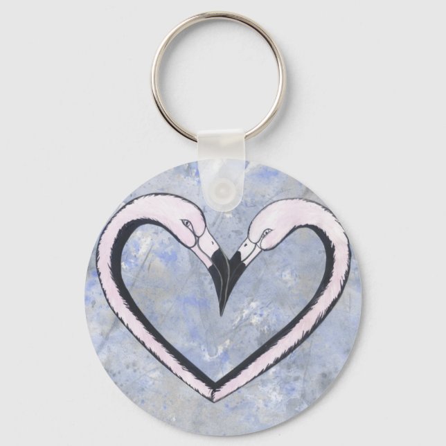 2 Flamingo kiss heart on blue Keychain (Front)