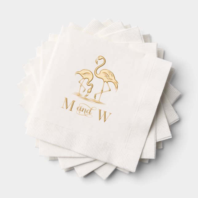 2 Flamingos Couple Wedding 2 Initial Monogram Foil Napkins (Insitu (Stacked))