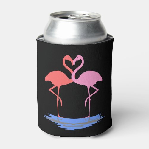 2 flamingos heart water standing one leg pink can cooler