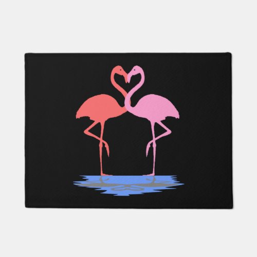 2 flamingos heart water standing one leg pink doormat