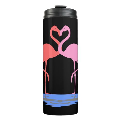 2 flamingos heart water standing one leg pink thermal tumbler