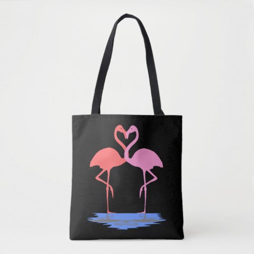 2 flamingos heart water standing one leg pink tote bag