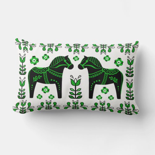 2 Folk Dala HorseFolk floralFriesianblackgreen Lumbar Pillow