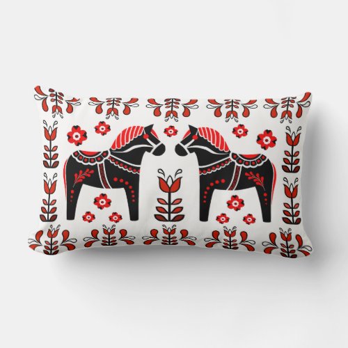 2 Folk Dala HorseFolk floralFriesian blackred Lumbar Pillow