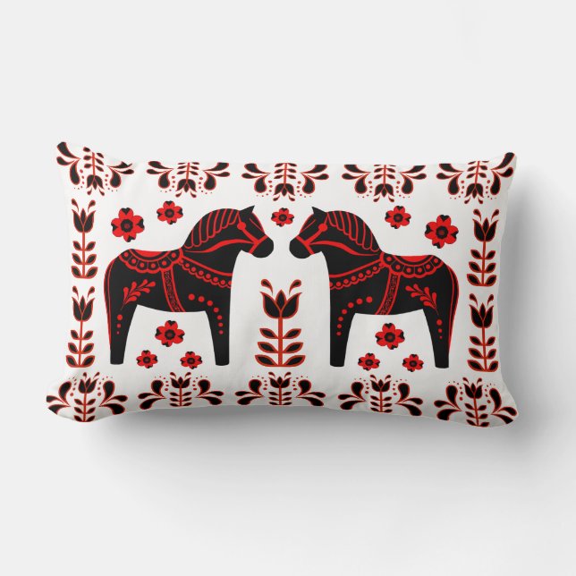 2 Folk Dala Horse/Folk floral/Friesian, black/red Lumbar Pillow (Front)