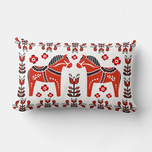 2 Folk Dala Horse/Folk floral, white/black/red Lumbar Pillow (Front)