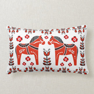 2 Folk Dala Horse/Folk floral, white/black/red Lumbar Pillow