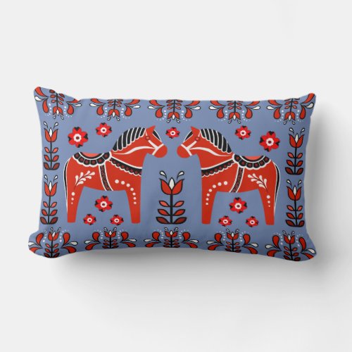 2 Folk Dala HorseFolk floral whitebluered Lumbar Pillow