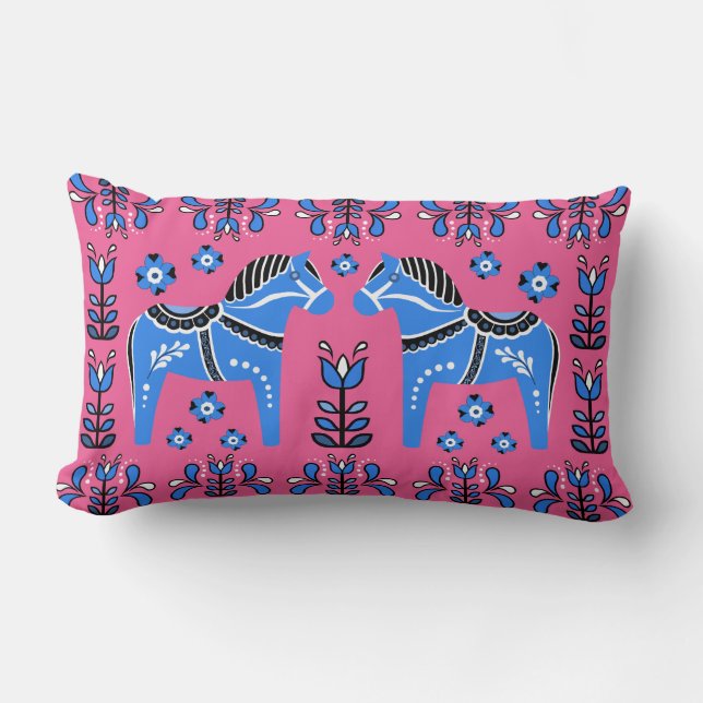 2 Folk Dala Horse/Folk floral, white/pink/blue Lumbar Pillow (Front)