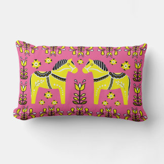 2 Folk Dala Horse/Folk floral, white/pink/yellow Lumbar Pillow