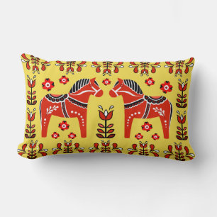 2 Folk Dala Horse/Folk floral, white/yellow/red Lumbar Pillow