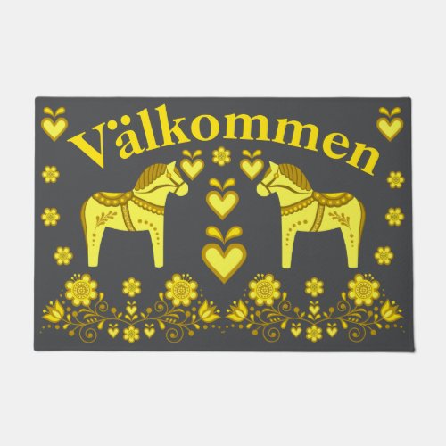 2 Folk Dala horse goldcharcoal Valkommen welcome Doormat
